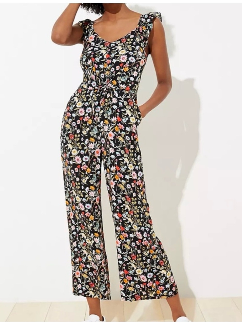 LOFT Black Floral Lily Tie-Waist Wide-Leg Jumpsuit